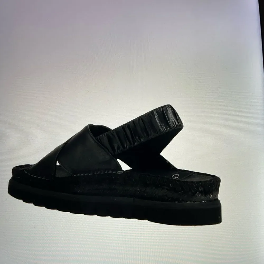 Black Leather Slingback Espadrille Sandal - Women